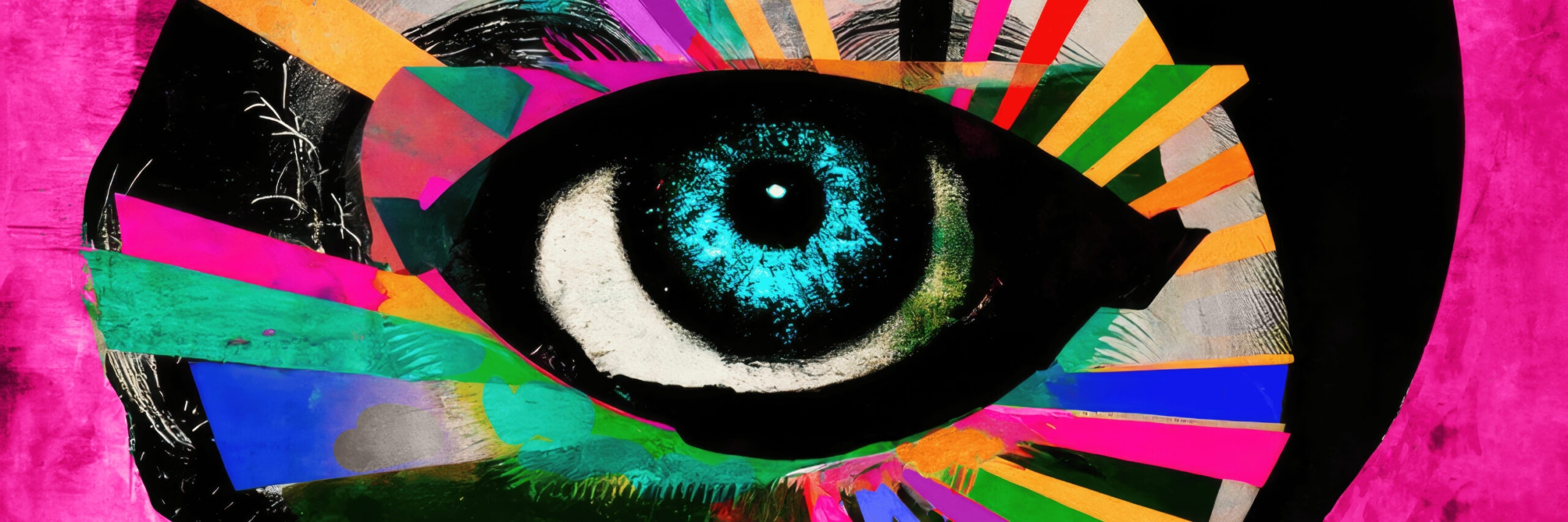 Website Banner groß The picture shows a painted big eye in the middle. Colourful rays go away from the eye.